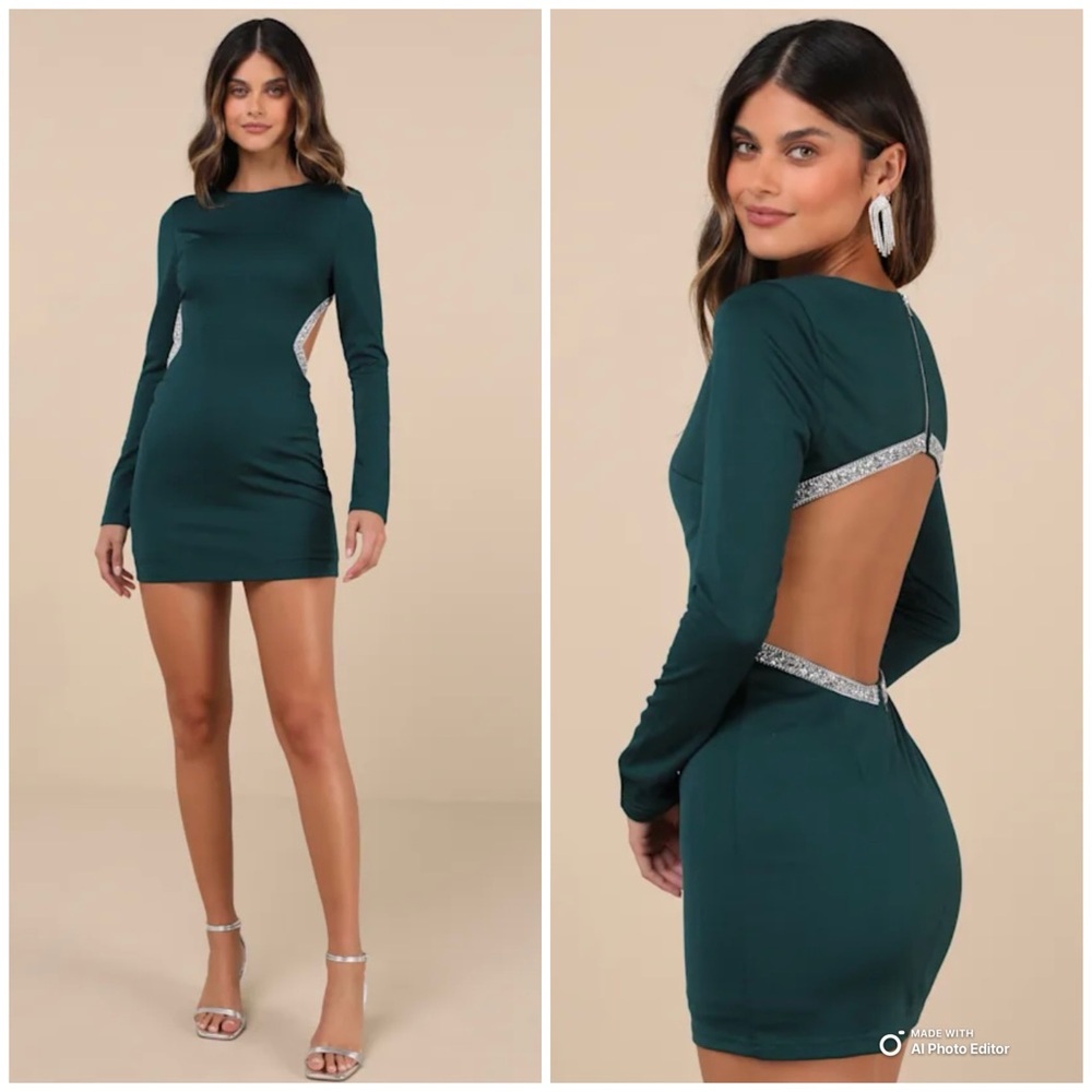 Lulus Sparkling Stunner Green Rhinestone Cutout Long Sleeve Mini Dress NWT